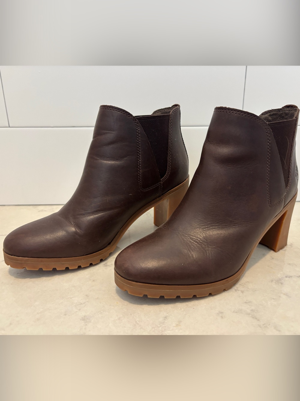 Timberland Dark Brown Leather Chelsea Block Heel Booties